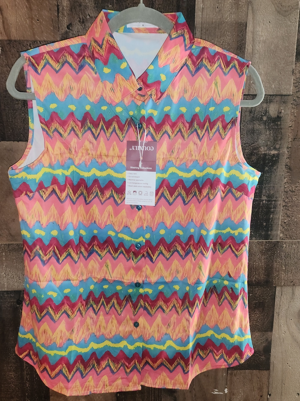 Sleeveless Chevron Multicolor Button-Front Blouse - Pink/Blue